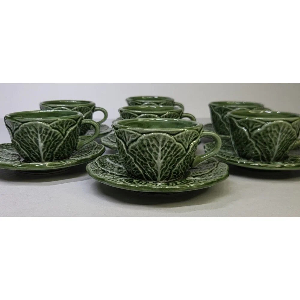 14 Piece Set Majolica Cabbage Espresso 7 Cups & 7 Saucers Ceramic Cabbageware